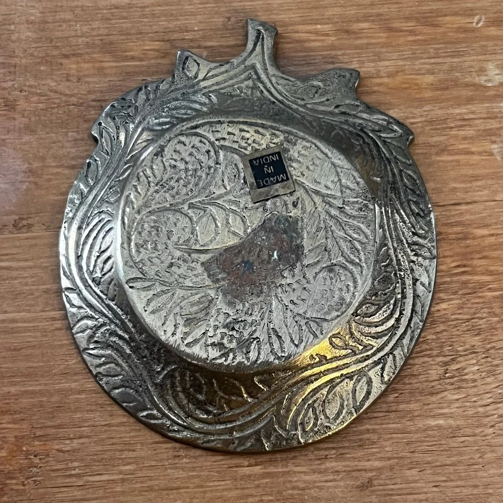 Vintage Brass Home Decor Enamel Trinket Dish Round Floral Design Art Nouveau